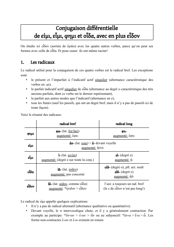 Conjugaison differentielle de εἰμι, εἶμι, φημι et οἶδα, avec en plus εἶδον