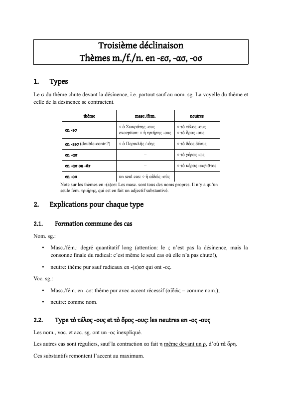 Troisieme declinaison themes masculins, féminins et neutres en -εσ, -ασ, -οσ